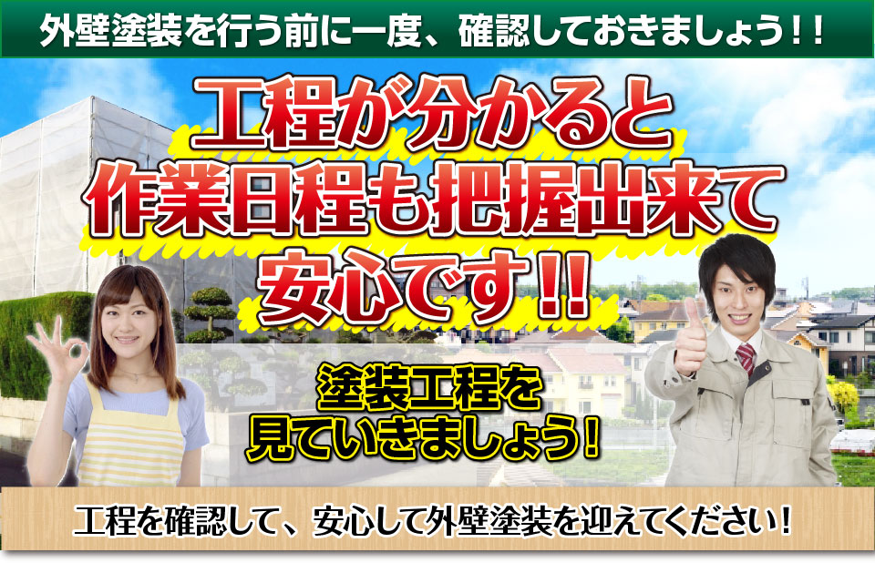 外壁塗装を行う前に一度、確認しておきましょう！！工程が分かると作業日程も把握出来て安心です！！塗装工程を
見ていきましょう！工程を確認して、安心して外壁塗装を迎えてください！